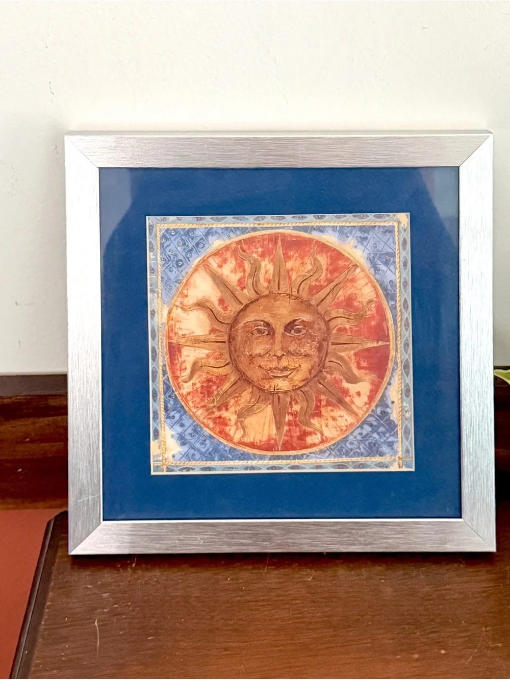 Vintage 90’s Celestial Sun Wall Hanging Art Blue Matted Silver Framed Boho 9.5”